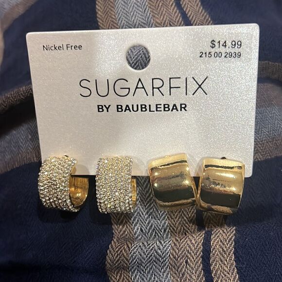 SUGARFIX By BaubleBar Gold rhinestone wide hoops set of 2 - Picture 3 of 5